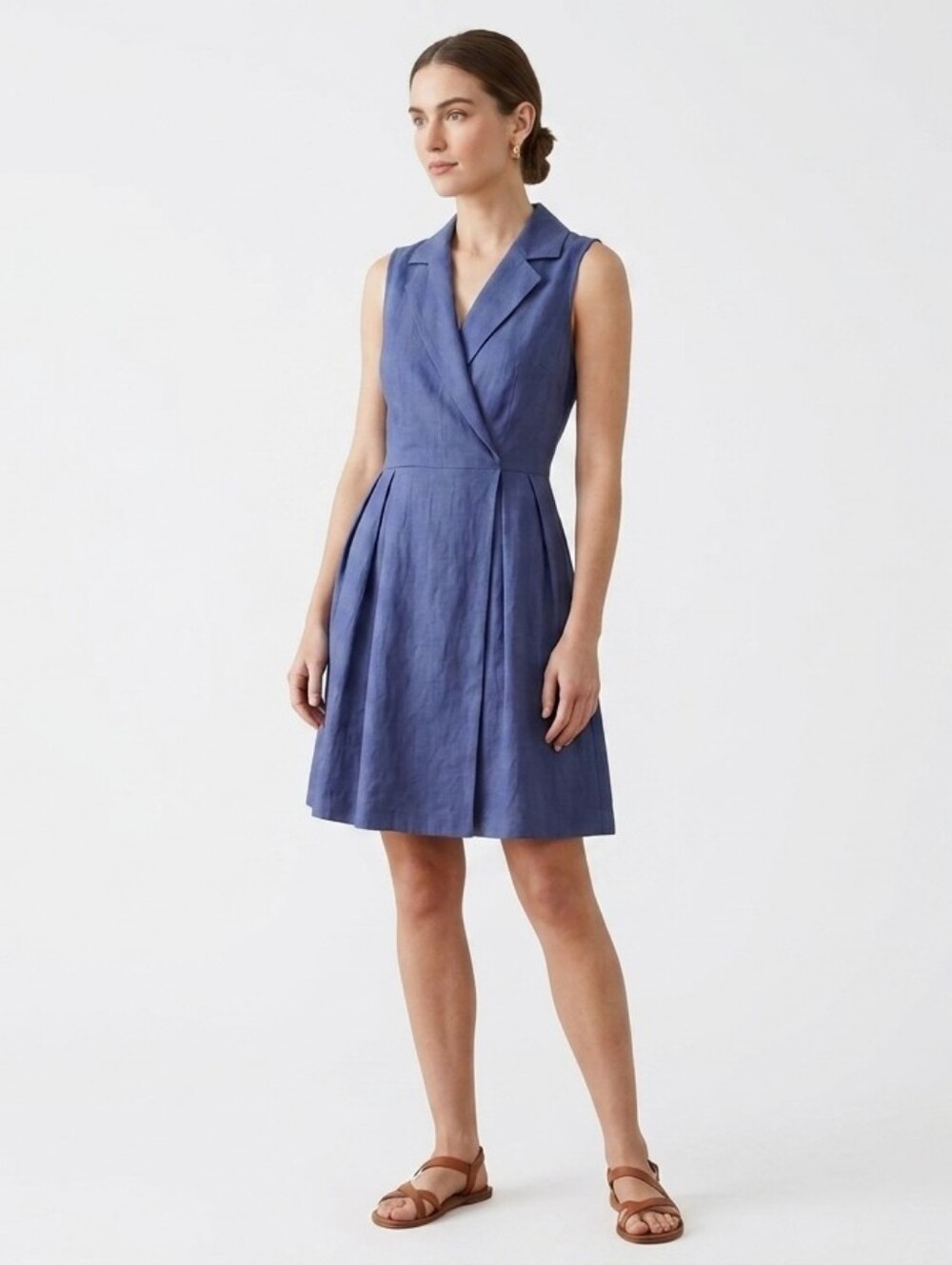 ASOS Linen-Blend Sleeveless Pleated Mini Shirt Dress In‎ Navy Blue Size 6